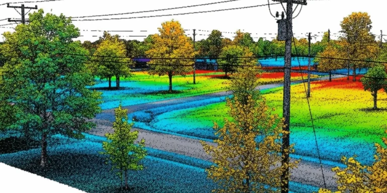 Lidar Surveying Colour-coded 3D LiDAR point cloud of a street with trees and power lines