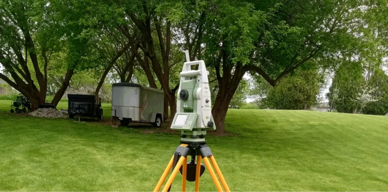 Robotic total station on an orange tripod set up on a lawn for a topographic survey
